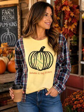 Upcycled Flannel Shirt, Autumn Pumpkin Graphic Oversized Long-Sleeved Size S - M